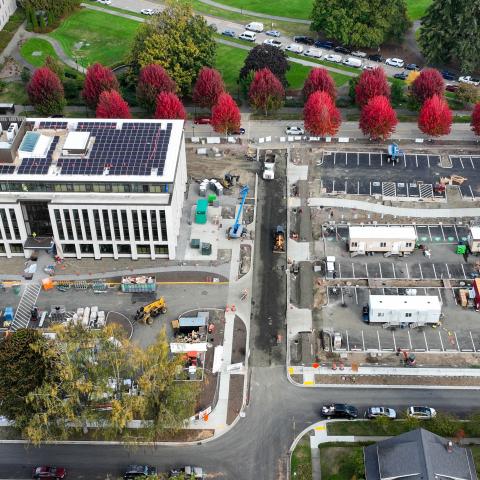 An overhead view of the newly constructed Newhouse Building on Nov. 12, 2024