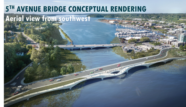 A 5th Avenue Bridge conceptual rendering from an aerial view, showing Capitol Lake flowing into the Budd Inlet.