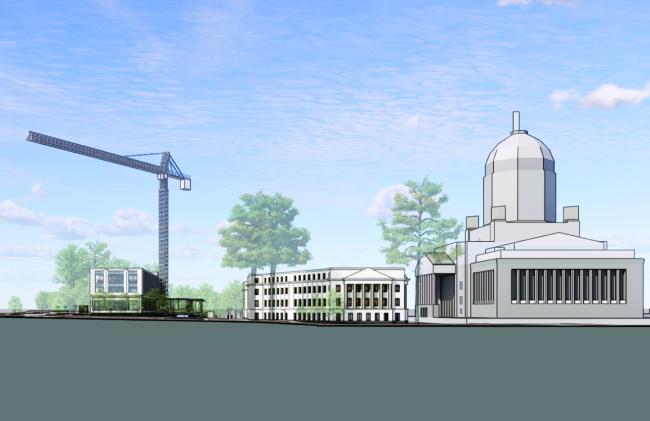 A conceptual rendering of a crane towering above the Pritchard Library construction site, with the Cherberg, Insurance, and Legislative Buildings to the south of the site.