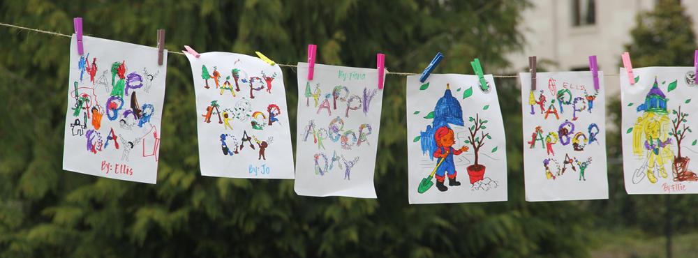 Images of pictures children have drawn to celebrate Arbor Day.