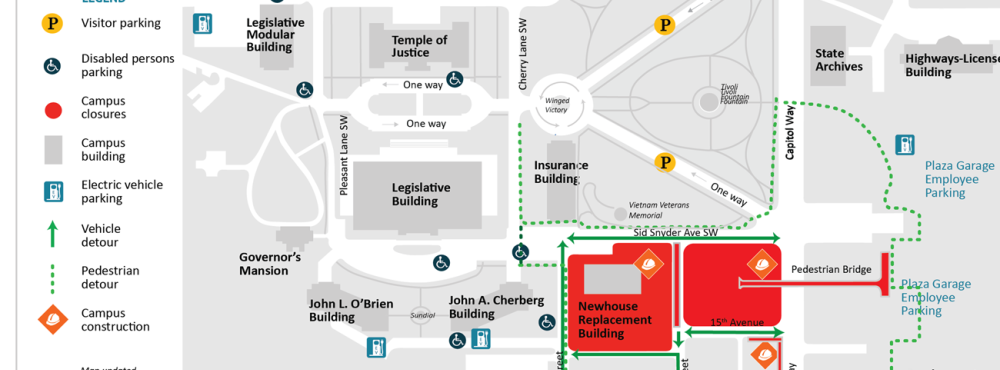 A map showing road closure on Capitol Way at 15th Avenue SW, and 15th AvenueSW on Aug. 29 - Sept. 1, 2023.