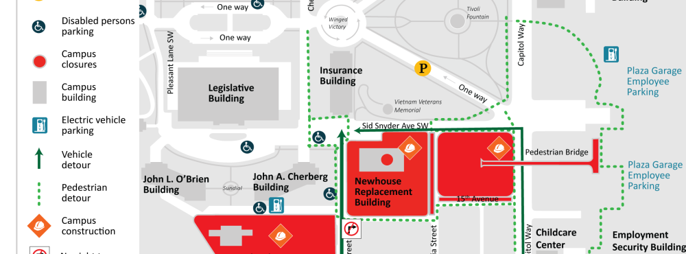 A map showing the closure 15th Avenue Southwest between Capitol Way through the intersection with Columbia Street Southwest.