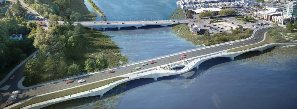 A 5th Avenue Bridge conceptual rendering from an aerial view, showing Capitol Lake flowing into the Budd Inlet.