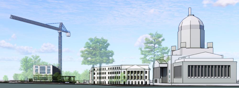 A conceptual rendering of a crane towering above the Pritchard Library construction site, with the Cherberg, Insurance, and Legislative Buildings to the south of the site.