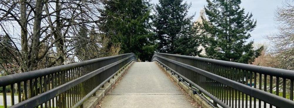 A view across the pedestrian bridge that spans Capitol Way connecting the East and West Capitol Campus in Olympia Washington.