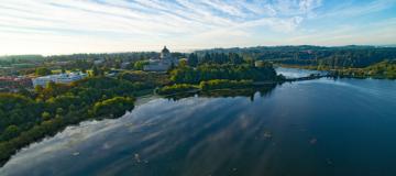 An aerial view of Capitol Lake looking south/southwest